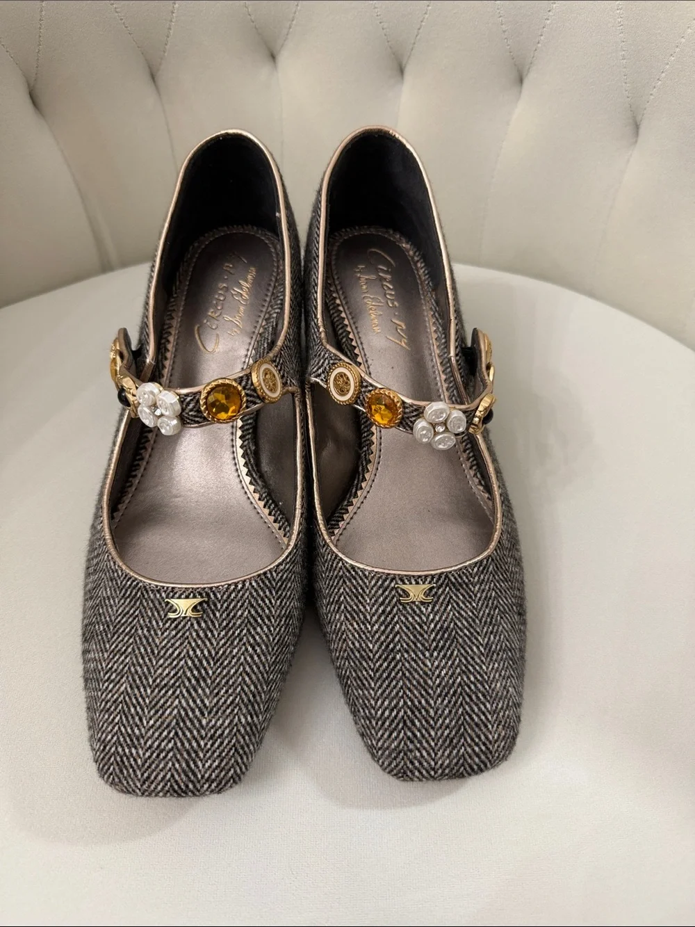 Circus NY Womens Herringbone Mary Jane Flats with Amber and Pearl Accent